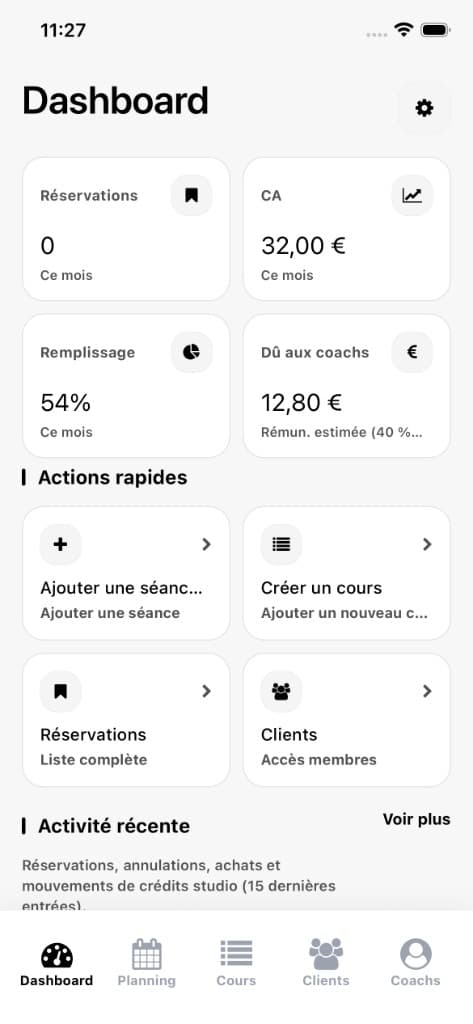 Dashboard Yoma — vue d'ensemble du studio