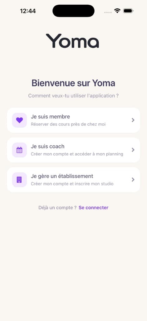 Écran d'accueil Yoma — choix du profil coach