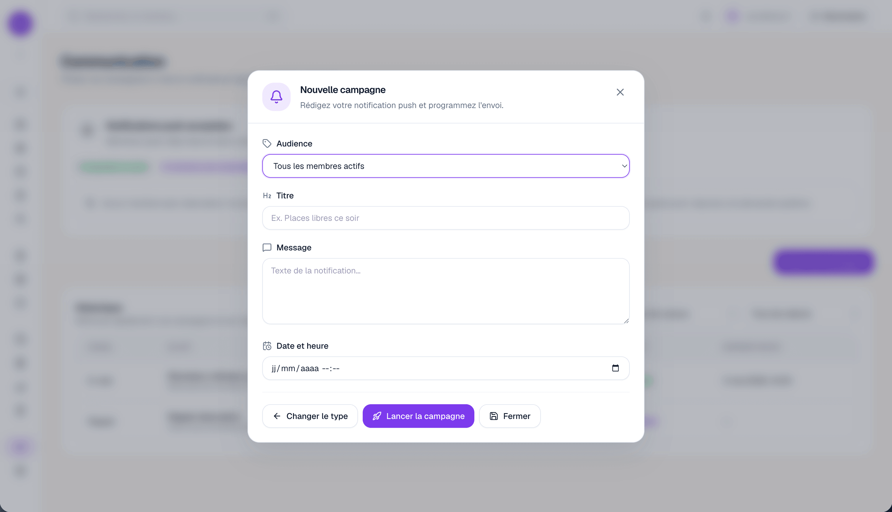 Dashboard Yoma — rédaction d'une notification ciblée
