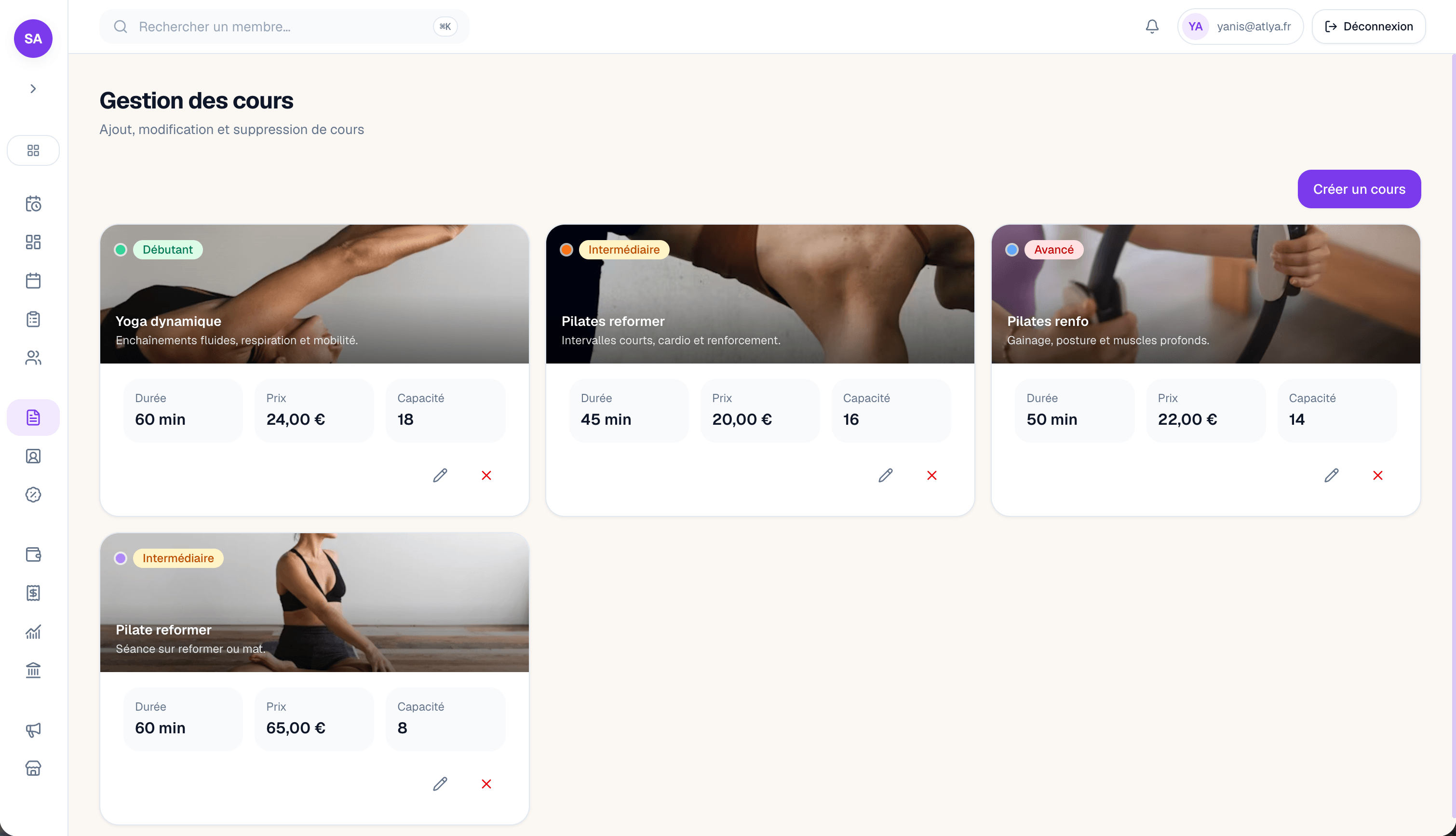 Dashboard Yoma — gestion des cours du studio