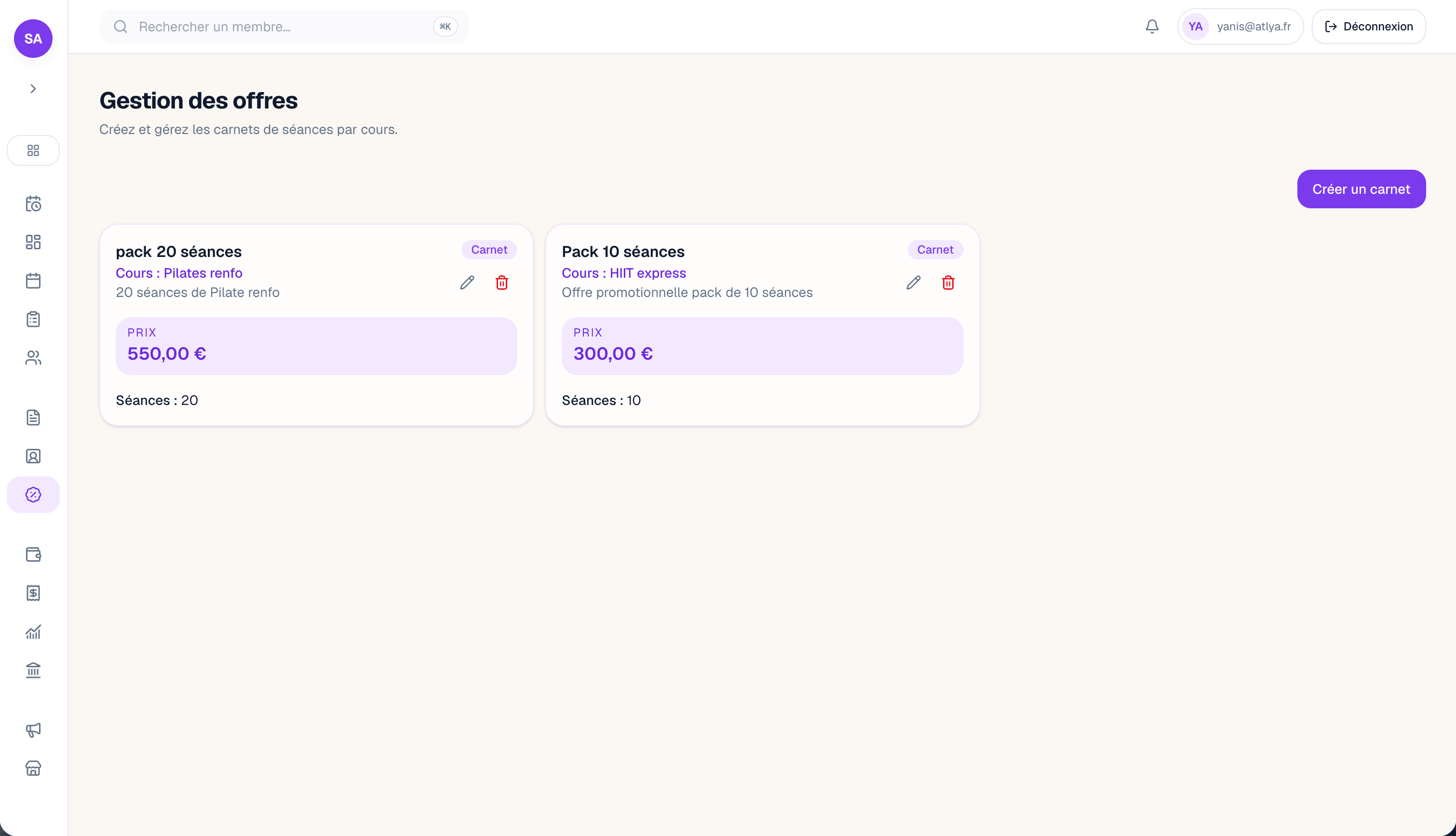 Dashboard Yoma — création des carnets et offres du studio