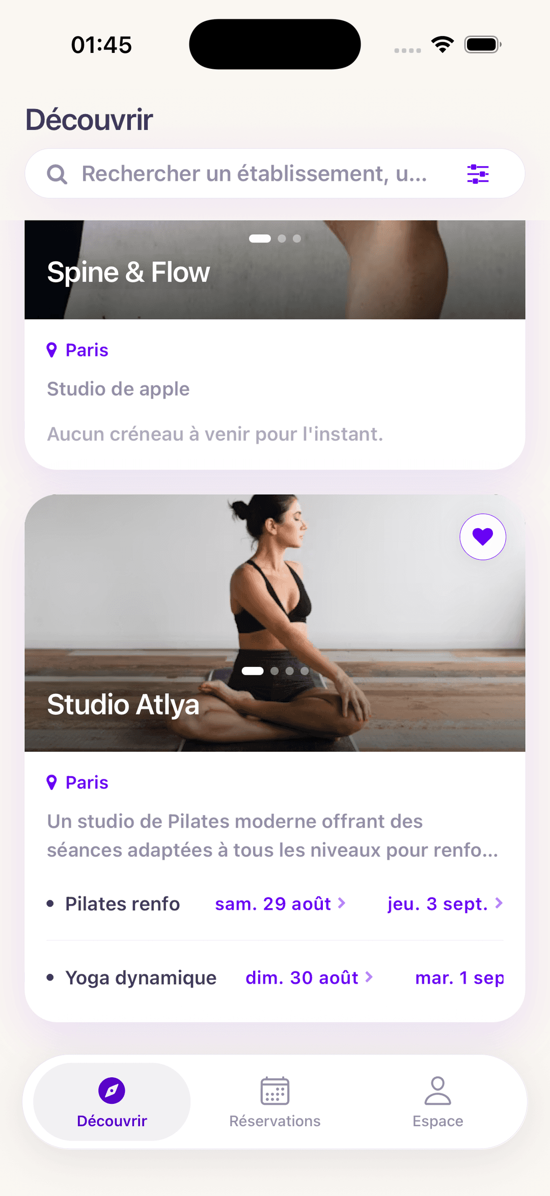 Application Yoma — découverte de studios wellness à proximité