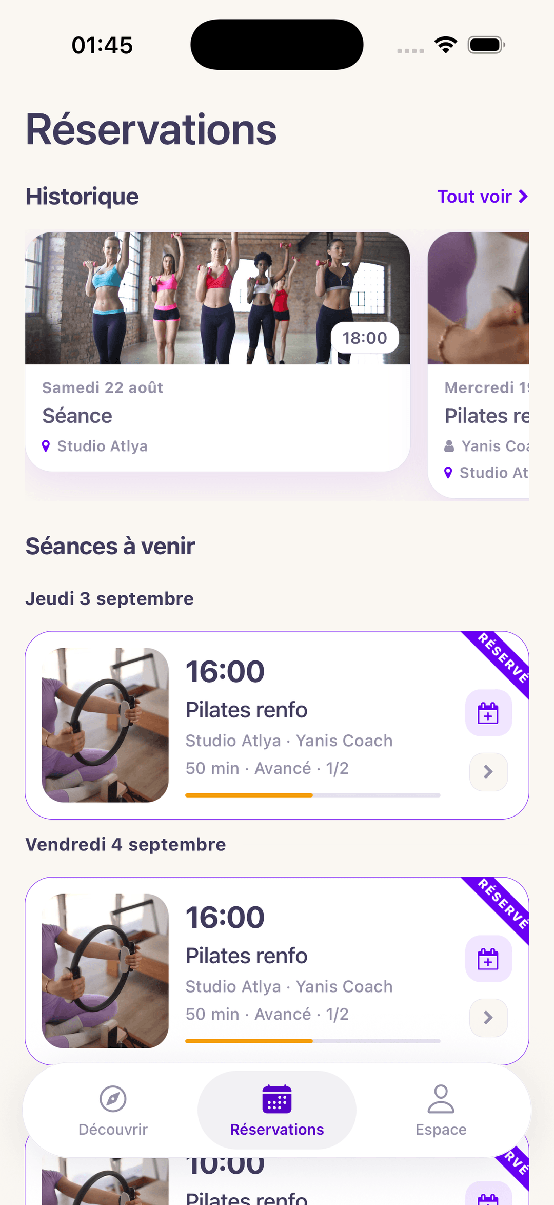 Écran Réservations Yoma — séances à venir, carnet de séances et historique